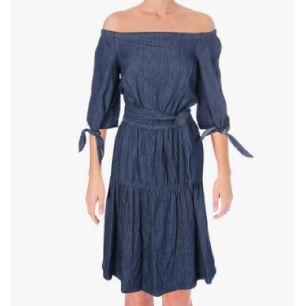 LRL Ralph Lauren Denim Chambray Dress Sz 4 Off Shoulder Belted Pockets Casual